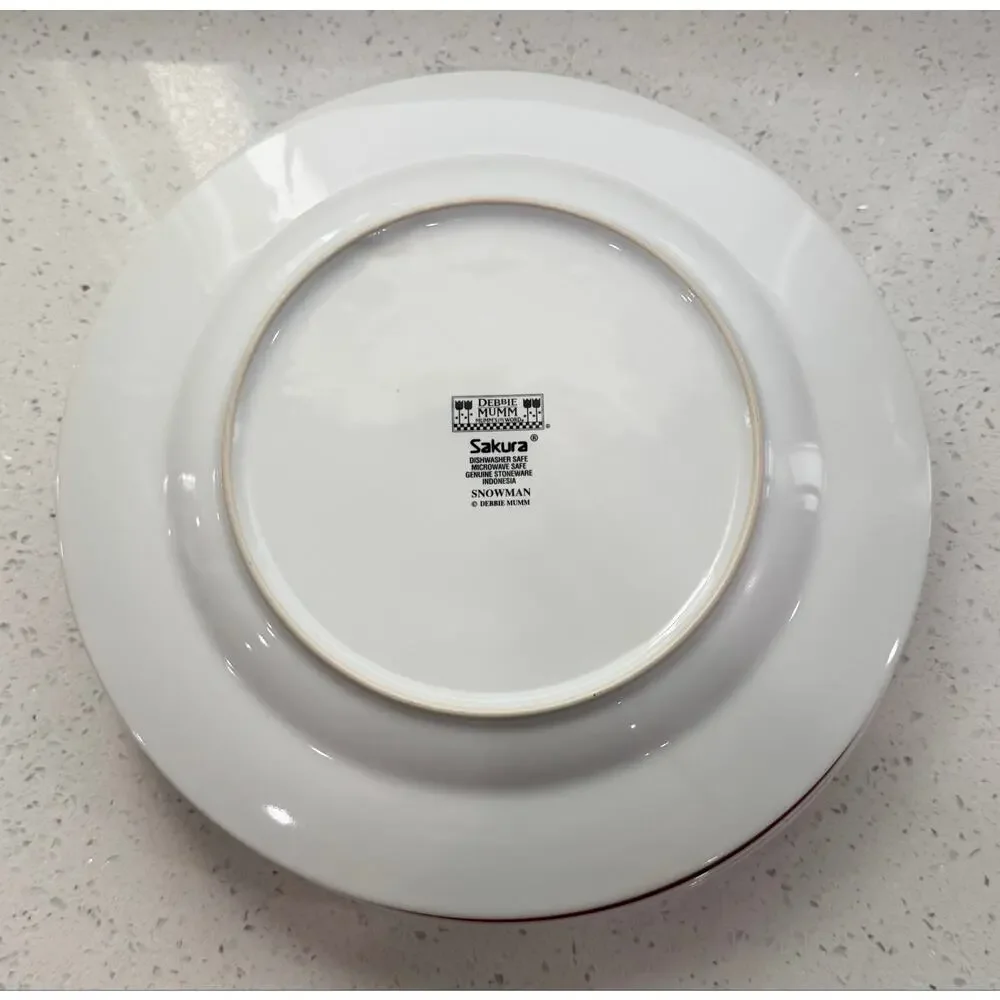 Debbie Mumm Sakura Snowman Dinner Plates 11” Set of 4 Christmas Stoneware